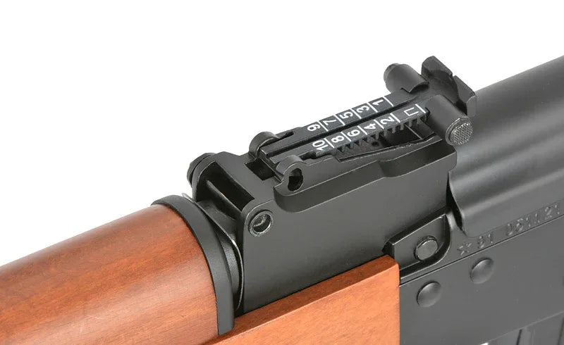 Close-up of DOUBLE BELL AK TYPE 56 AEG AIRSOFT with adjustable rear sight and wooden stock