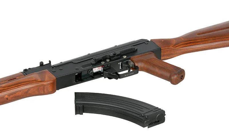 Double Bell AKM Airsoft Rifle with Wood Finish and Detachable Magazine for Authentic Gameplay