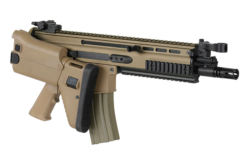 Double Bell MK16 SCAR-L CQC airsoft rifle tan AEG compact CQC design with top rail and flip up sights