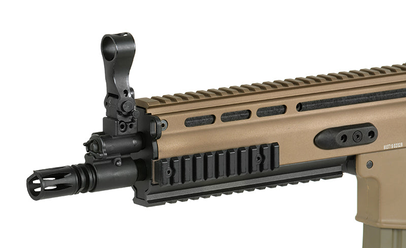 Double Bell MK16 SCAR-L CQC airsoft rifle tan AEG front handguard with picatinny rail flip up sight and muzzle