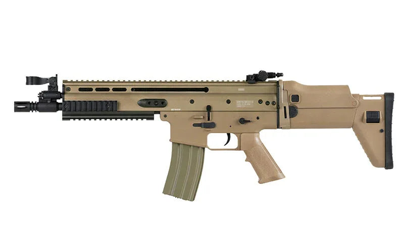 DOUBLE BELL MK16 SCAR-L airsoft rifle in tan color with tactical features and adjustable stock