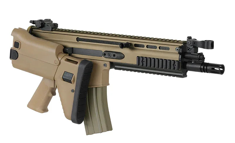 DOUBLE BELL MK16 SCAR-L Airsoft Rifle in Tan Color with Detailed Features and Magazine