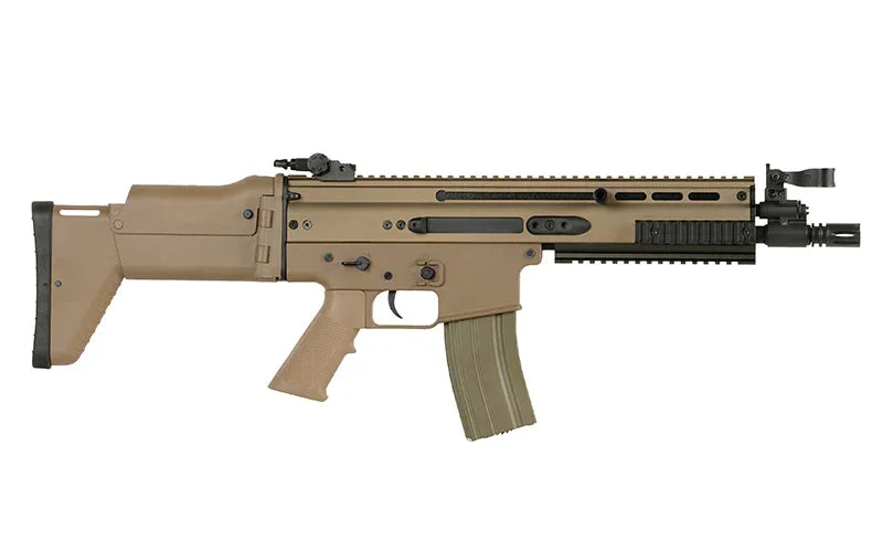 DOUBLE BELL MK16 SCAR-L Airsoft Rifle with Tan Finish and Adjustable Features for Outdoor Play