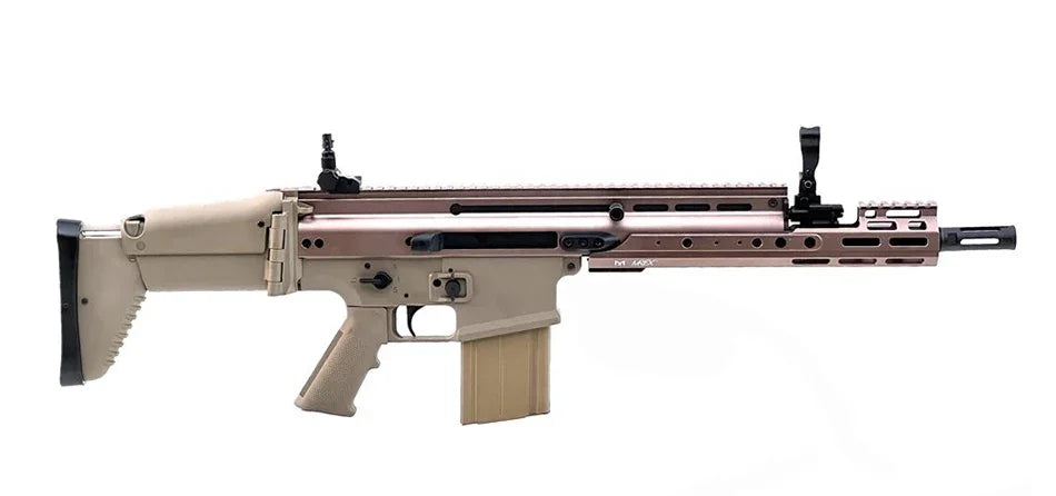 DOUBLE BELL MK17 SCAR AEG with a tan finish, designed for airsoft enthusiasts and tactical gameplay