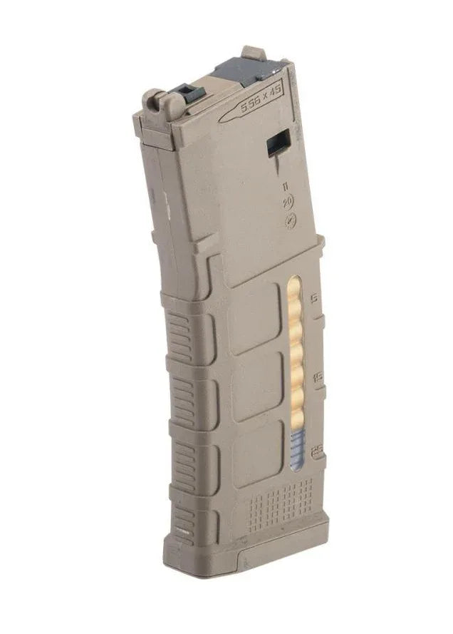 DOUBLE EAGLE NOVESKE GBB MAGAZINE in tan color with a textured grip and visible BB window