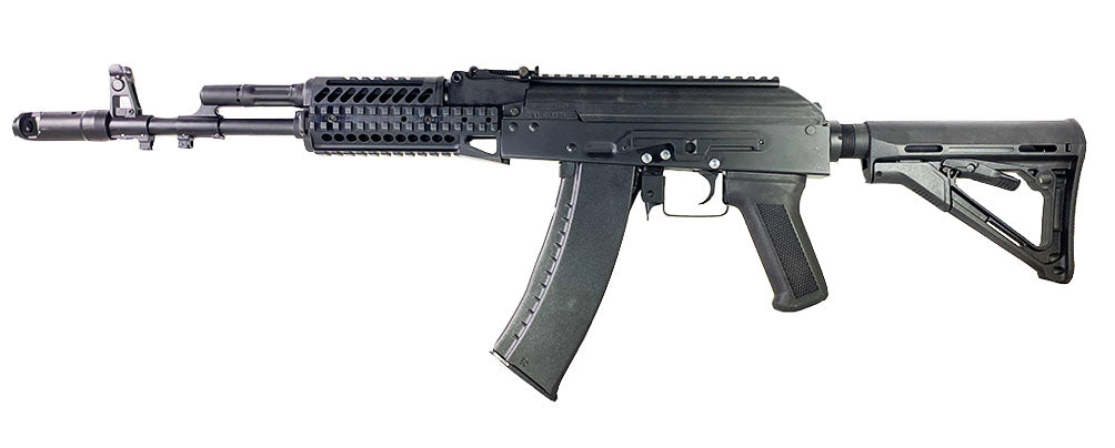 DOUBLE BELL AK black AEG airsoft rifle with telescopic stock railed handguard and curved magazine