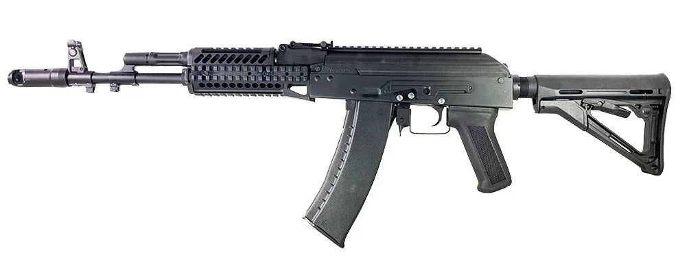 DOUBLE BELL AK black AEG airsoft rifle with telescopic stock railed handguard and curved magazine