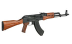 Double Bell AKM airsoft rifle full metal receiver AEG with realistic wood stock and curved magazine in black and wood finish