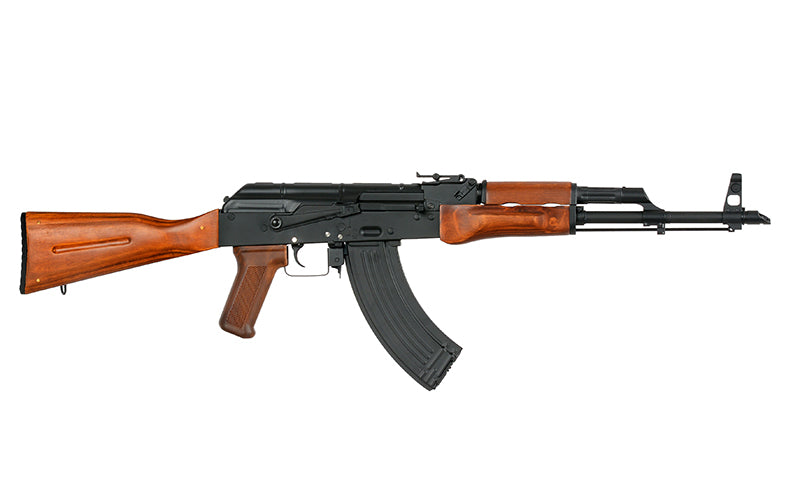 Double Bell AKM airsoft rifle AEG replica with black metal receiver and wooden stock on white background