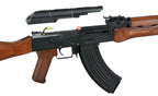 Double Bell AKM airsoft rifle AEG with wooden furniture black metal receiver curved magazine close up view