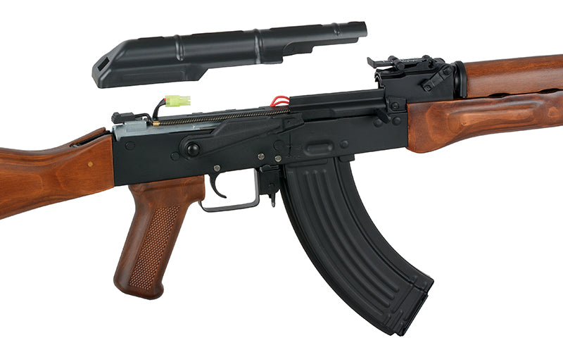 Double Bell AKM airsoft rifle AEG with wooden furniture black metal receiver curved magazine close up view