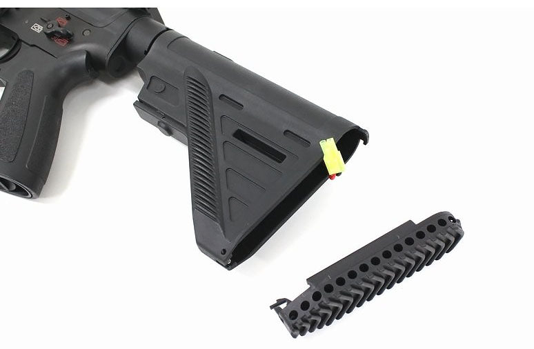 Double Bell DB-416 A5 airsoft gun black AEG with detached adjustable stock and removed handguard showing battery connector