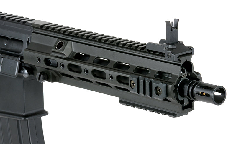 Close up of Double Bell DB-416D airsoft rifle black handguard front sight muzzle and magazine well