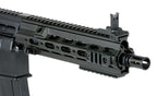 Close up of Double Bell DB-416D airsoft rifle black handguard front sight muzzle and magazine well
