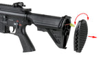 Double Bell DB-416D airsoft rifle AEG with adjustable stock open showing removable butt pad and internal battery compartment