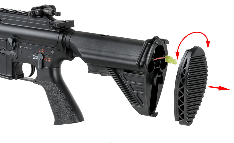 Double Bell DB-416D airsoft rifle AEG with adjustable stock open showing removable butt pad and internal battery compartment
