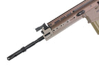 Double Bell SCAR-H airsoft rifle tan AEG front section showing barrel handguard front sight rail