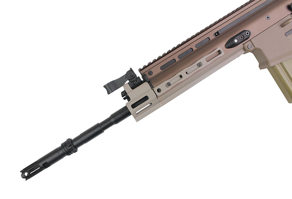 Double Bell SCAR-H airsoft rifle tan AEG front section showing barrel handguard front sight rail