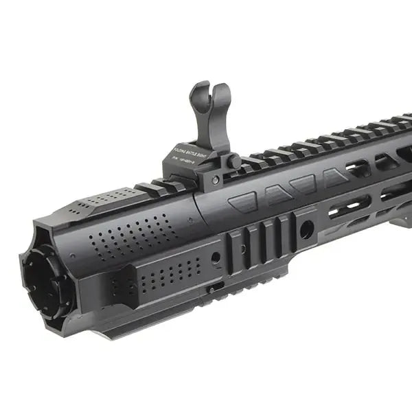 Close-up view of E&C 838 VLTOR SAI AEG featuring detailed rail system and front sight