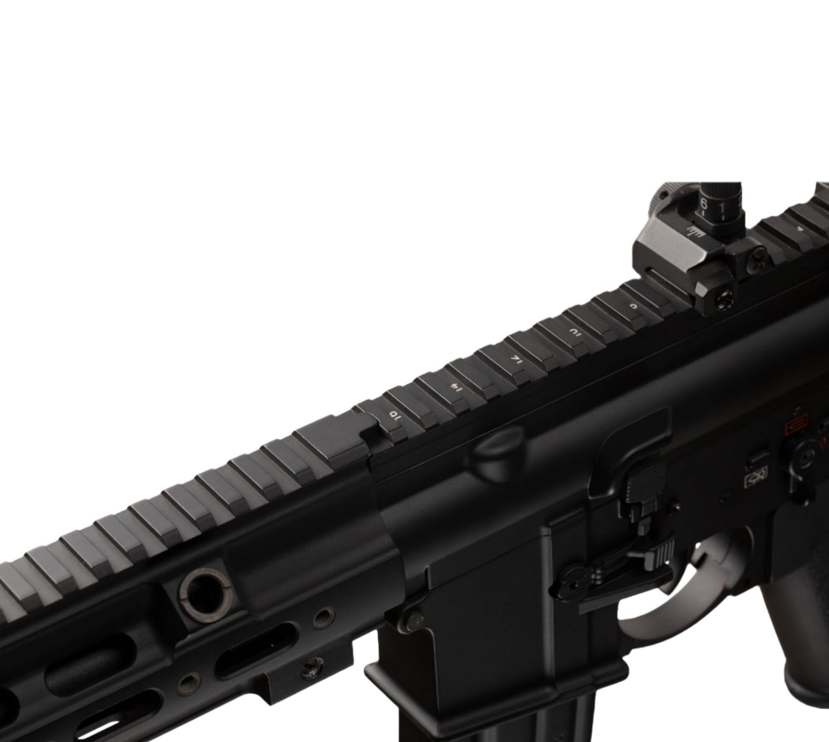 E&C HK416 A5 airsoft rifle black AEG close up of upper receiver Picatinny rail and trigger area