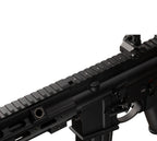 E&C HK416 A5 airsoft rifle black AEG close up of upper receiver Picatinny rail and trigger area