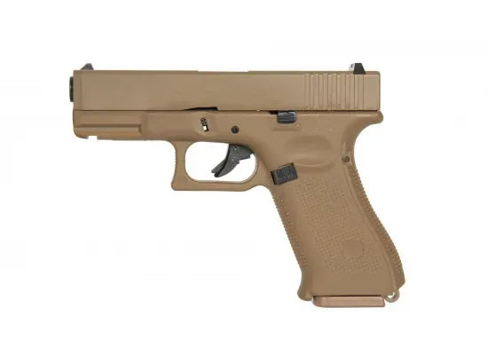 E&C G19X GEN 5 GBB airsoft pistol in tan with textured grip for optimal handling