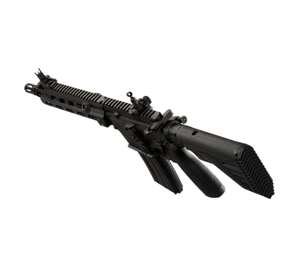 AEG E&C HK416 A5 airsoft rifle with tactical features and adjustable components