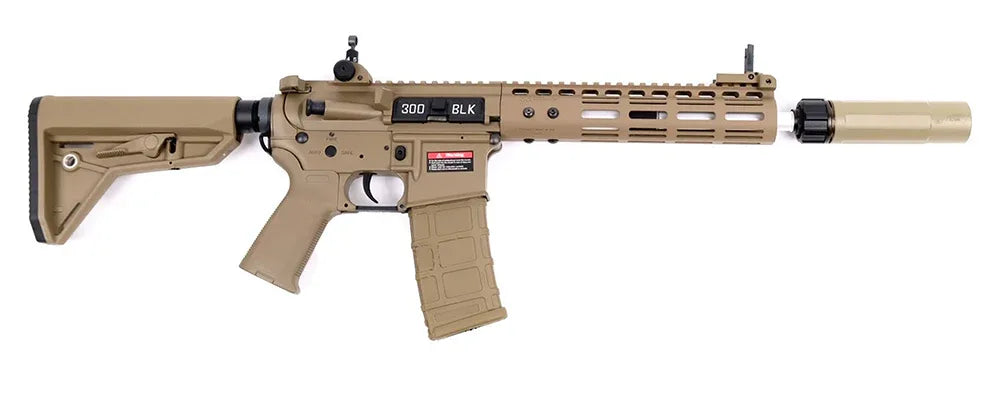 E&C NOVESKE DEVGRU N4 AEG AIRSOFT Rifle in Tan with Tactical Handguard and Suppressor