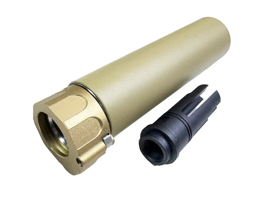 E&C SF SOCOM 556 SUPPRESSOR AIRSOFT in tan color with detachable muzzle device for airsoft guns