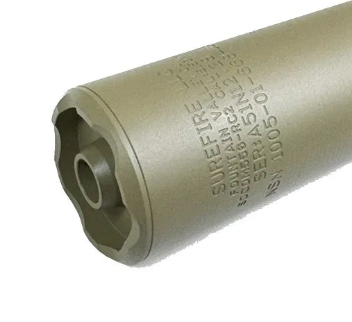 E&C SF SOCOM SUPPRESSOR AIRSOFT in tan color with detailed engravings for enhanced airsoft performance