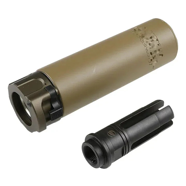 E&C SF SOCOM SUPPRESSOR AIRSOFT in tan color with included muzzle device for enhanced performance