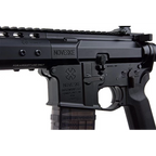 EMG NOVESKE N4 black airsoft rifle lower receiver close up with NOVESKE logo selector and translucent magazine
