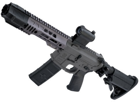 EMG SAI GRY AEG compact airsoft rifle by EMG in gray with adjustable stock and red dot sight