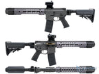 EMG SAI GRY AEG airsoft rifle in gray with adjustable stock MLOK handguard red dot sight and polymer magazine