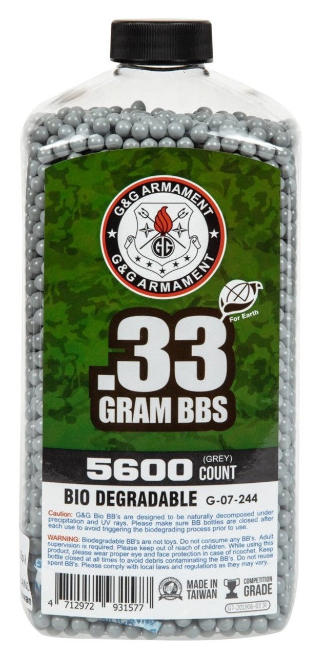 G G Armament 5600 count biodegradable grey 0.33g airsoft BBs in clear plastic bottle
