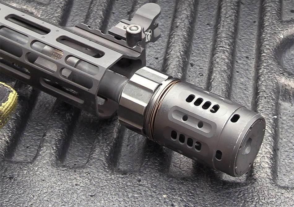 5KU Enhanced Muzzle Brake on a rifle barrel for improved recoil reduction and accuracy