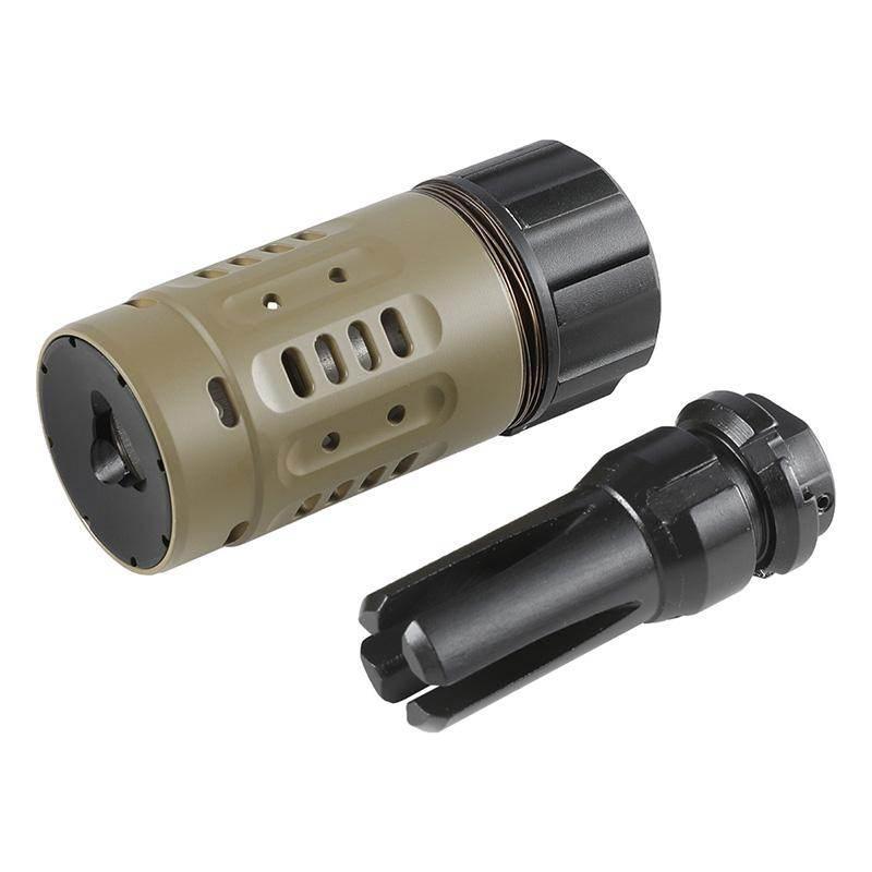 5KU Enhanced Muzzle Brake and Adapter in Tan and Black for Improved Accuracy and Recoil Control