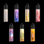 ESHOOTER ESSENTIAL OIL FLARE SMOKY and various flavored oils in 30ml bottles on a black background