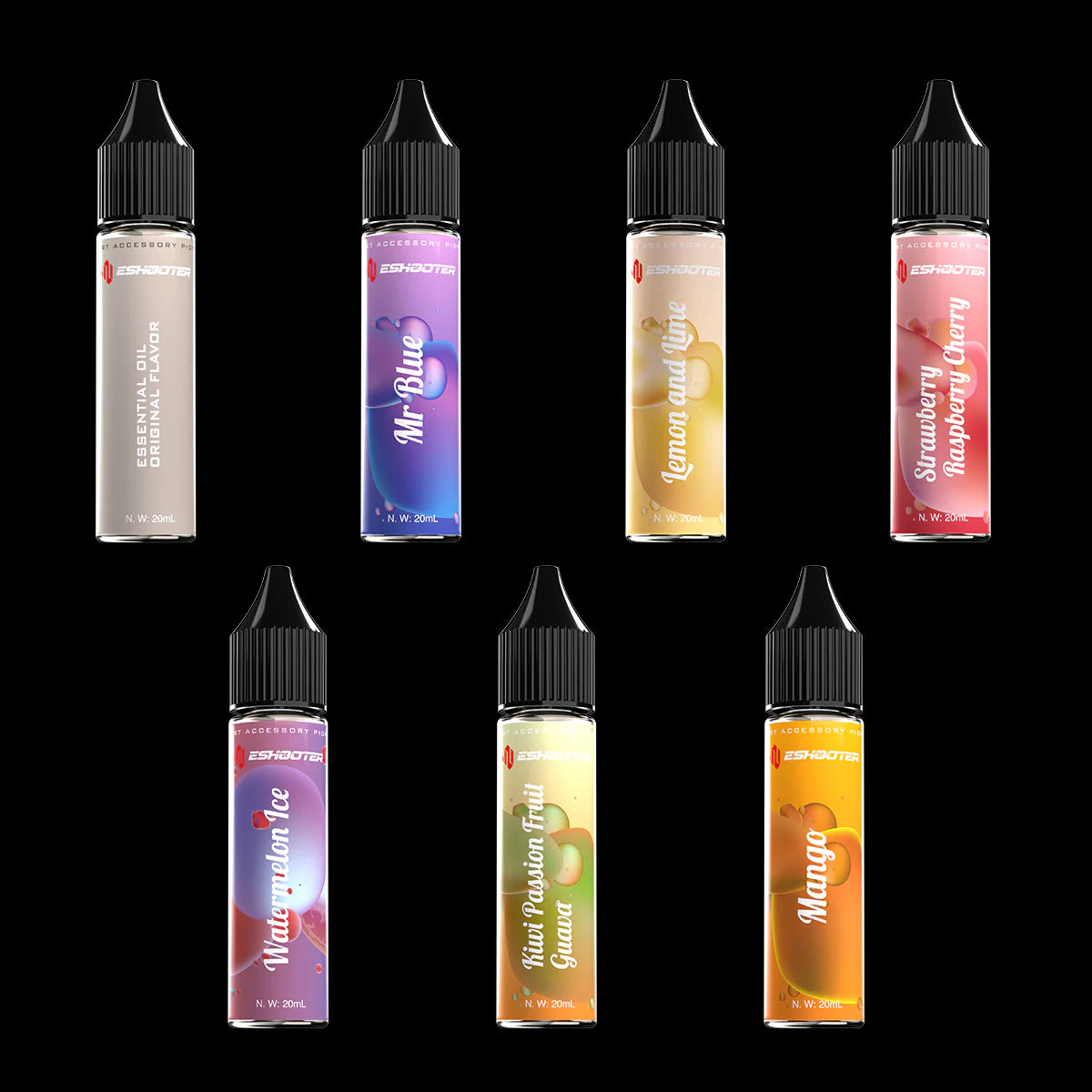 ESHOOTER ESSENTIAL OIL FLARE SMOKY and various flavored oils in 30ml bottles on a black background