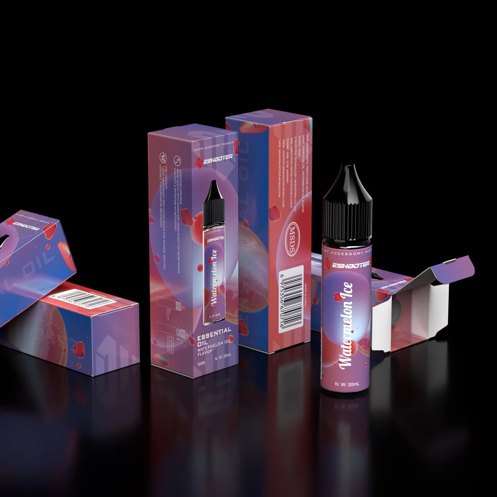 ESHOOTER ESSENTIAL OIL FLARE SMOKY bottle with colorful packaging for a calming aromatherapy experience