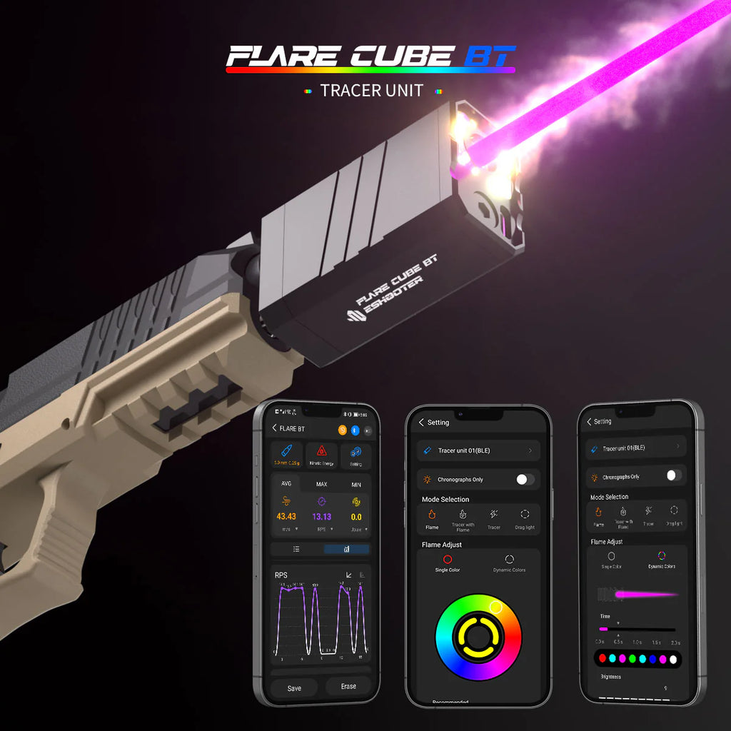 ESHOOTER FLARE CUBE BLUETOOTH TRACER UNIT with smartphone app interface for customizable laser effects