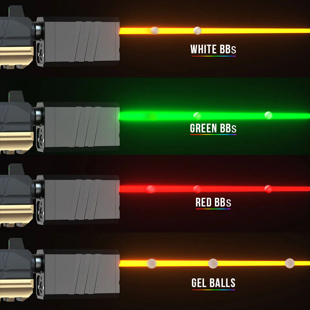 ESHOOTER FLARE CUBE BLUETOOTH TRACER UNIT displaying lights with White, Green, Red BBs, and Gel Balls