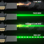 ESHOOTER FLARE CUBE BLUETOOTH TRACER UNIT showing multiple lighting modes including flame and tracer effects