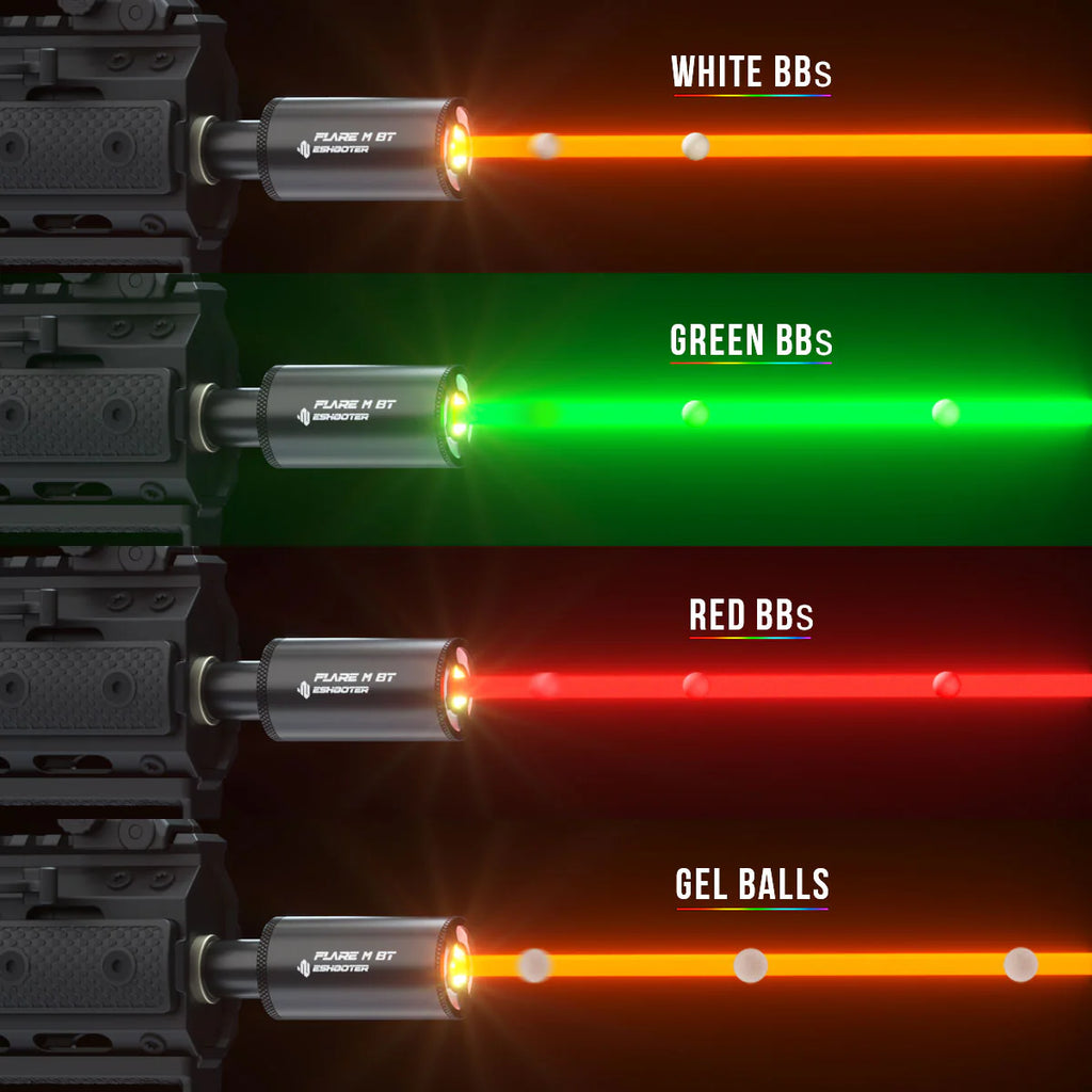 ESHOOTER FLARE M BLUETOOTH TRACER UNIT displaying various colored BBs including white, green, red, and gel balls