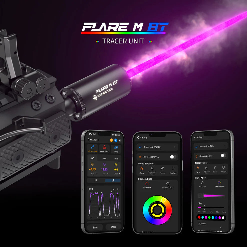 ESHOOTER FLARE M BLUETOOTH TRACER UNIT with bright purple laser beam and smartphone app controls