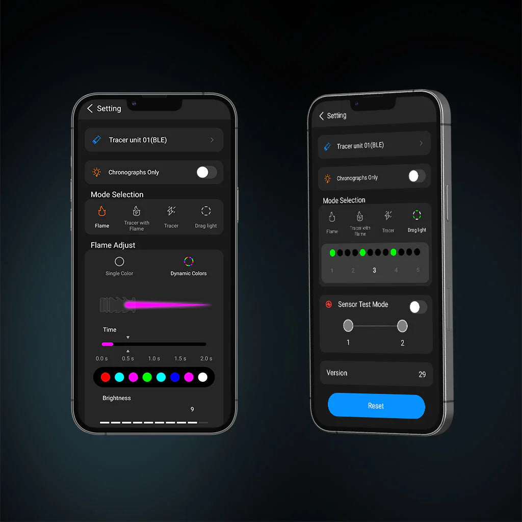 ESHOOTER FLARE M BLUETOOTH TRACER UNIT mobile app interface for adjusting settings and colors