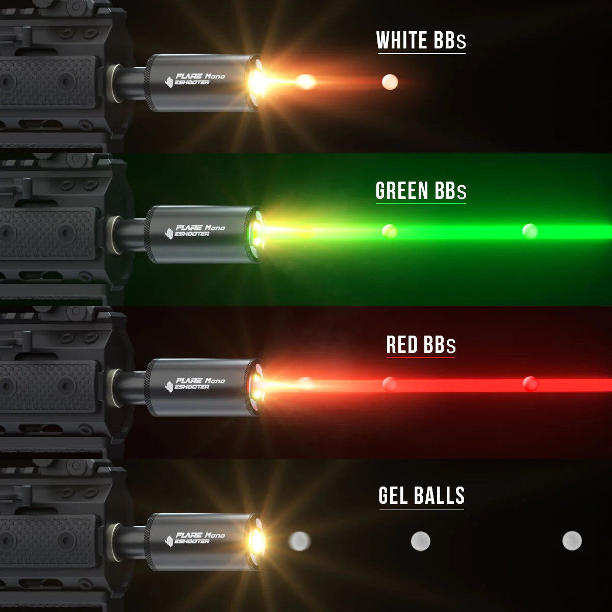 ESHOOTER FLARE MONO TRACER UNIT displaying white, green, and red BBs for enhanced shooting accuracy