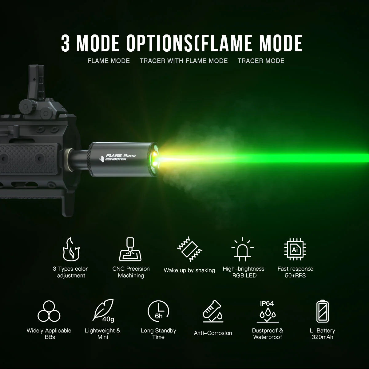 ESHOOTER FLARE MONO TRACER UNIT with three mode options for enhanced visibility and performance