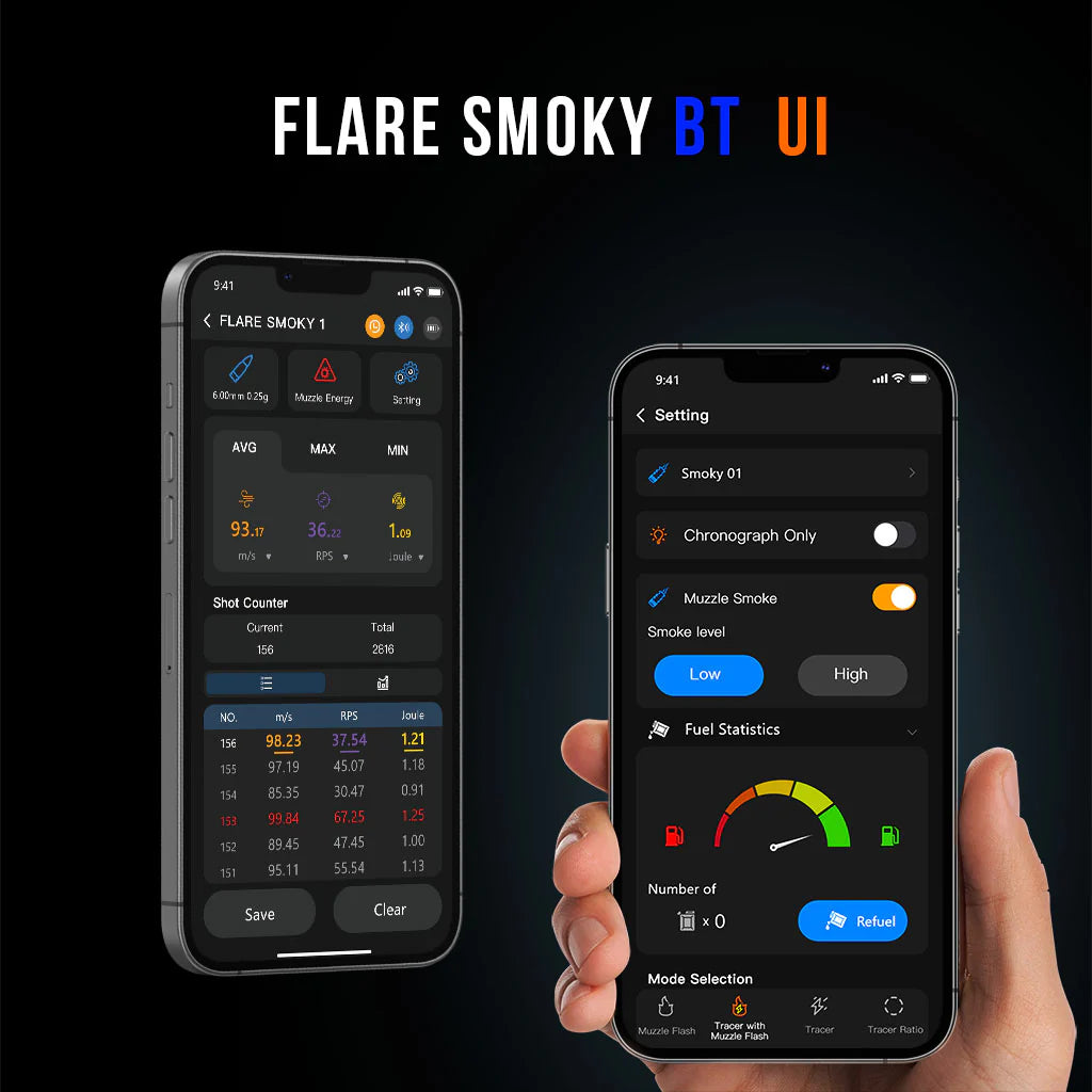 Mobile app interface for ESHOOTER FLARE SMOKY BLUETOOTH V900 TRACER UNIT showing settings and statistics