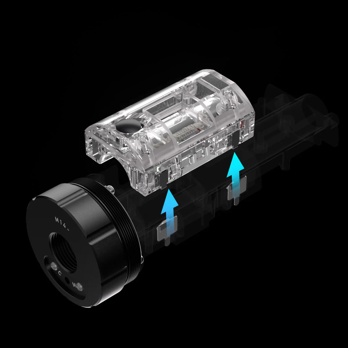 Close-up of ESHOOTER SPLIT OIL TANK FLARE SMOKY showing clear tank and adjustable components